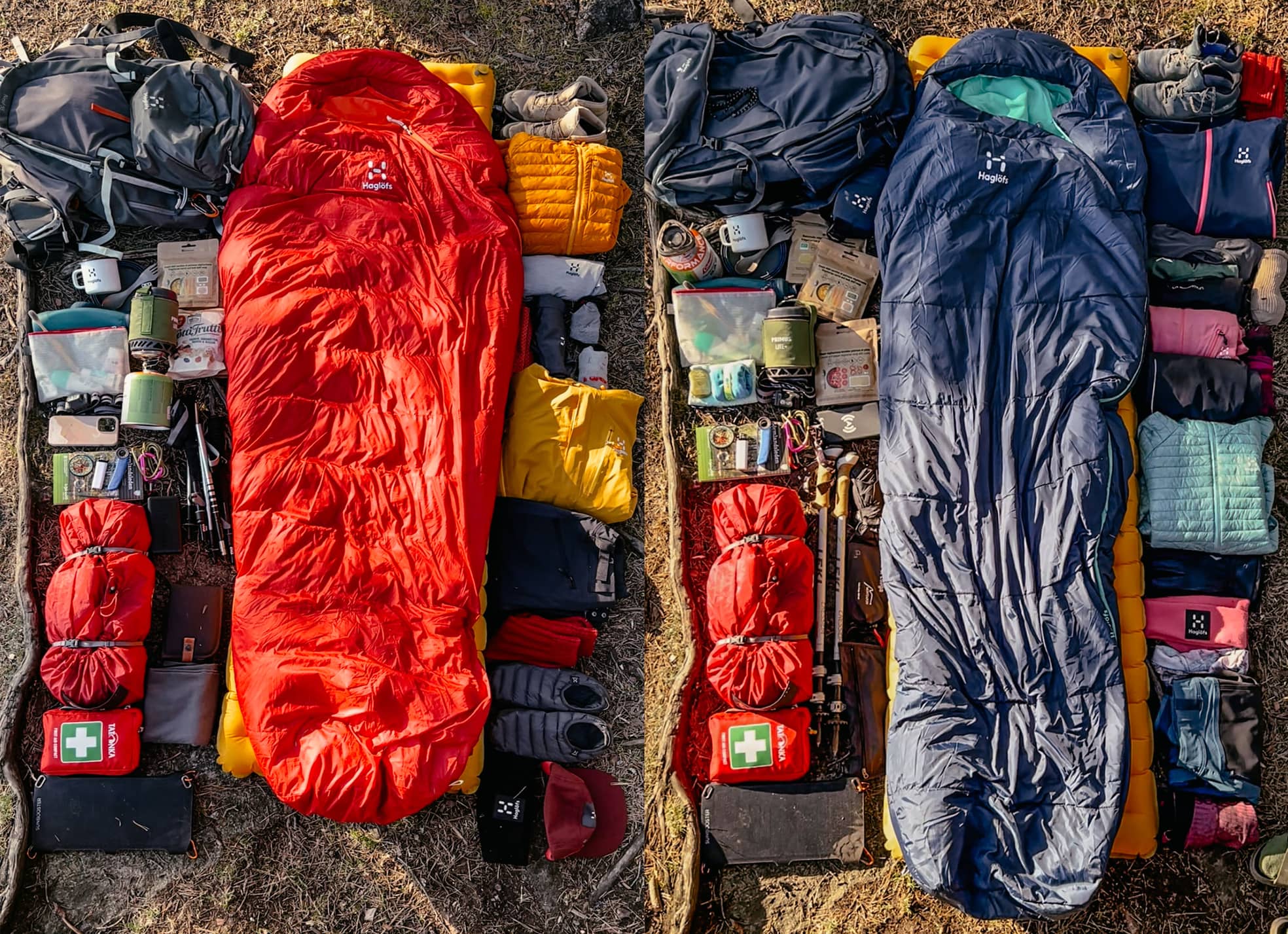 So sieht das Gepäck für die Weitwanderung der beiden in Schweden aus (Roter Schlafsack von Angie und blauer Schlafsack von Sabrina).