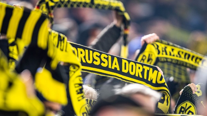 Fußball - Düsseldorf: Fans vom Borussia Dortmund feuern ihre Mannschaft an. Foto: David Inderlied/dpa/Symbolbild