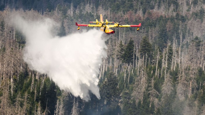 Brände - Halberstadt: Ein italienisches Löschflugzeug bekämpft einen Waldbrand am Brocken. Foto: Julian Stratenschulte/dpa