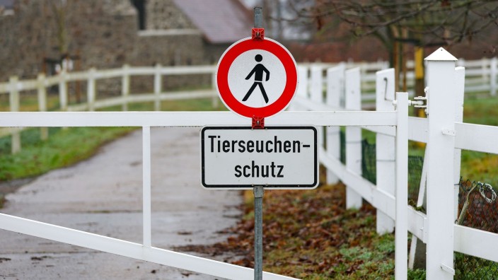 Tiere - Schwerin: Ein Schild sperrt prophylaktisch mit dem Verweis auf den Tierseuchenschutz den Zugang. Foto: Jan Woitas/dpa-Zentralbild/dpa/Symbolbild