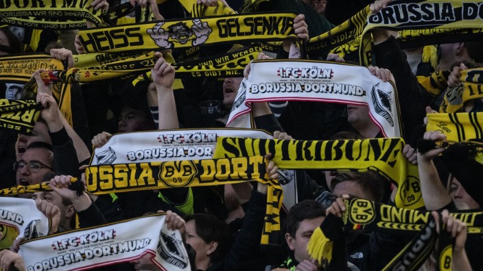 Fußball - Dortmund: Dortmunds Fans zeigen ihre Schals. Foto: Bernd Thissen/dpa