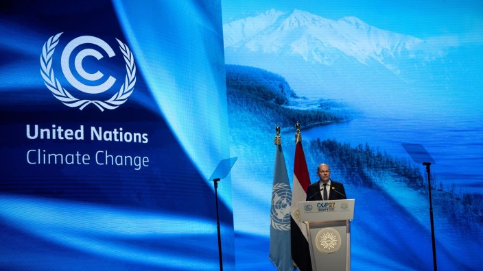 UN - Bonn: Bundeskanzler Olaf Scholz spricht bei der Weltklimakonferenz COP27. Foto: Michael Kappeler/dpa