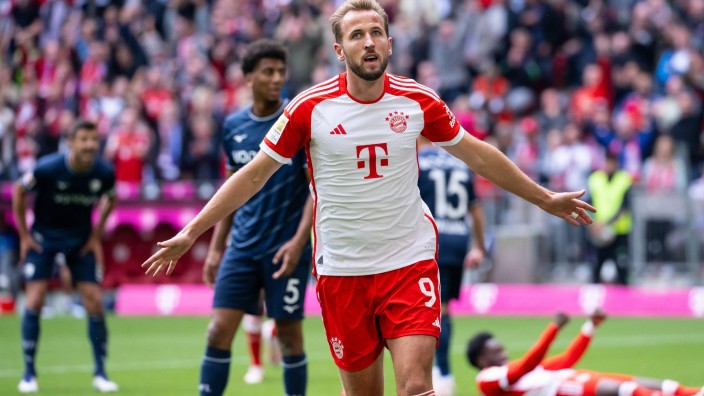 Fußball - Leipzig: Harry Kane von München jubelt über sein Tor zum 2:0. Foto: Sven Hoppe/dpa