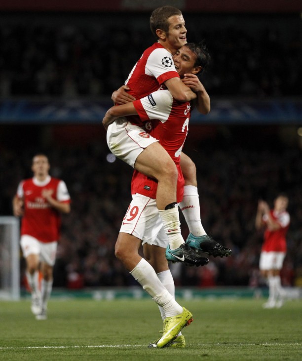 Arsenal's Marouane Chamakh celebrates his goal against Braga  with Jack Wilshire during their Champions League Group H soccer match in London
