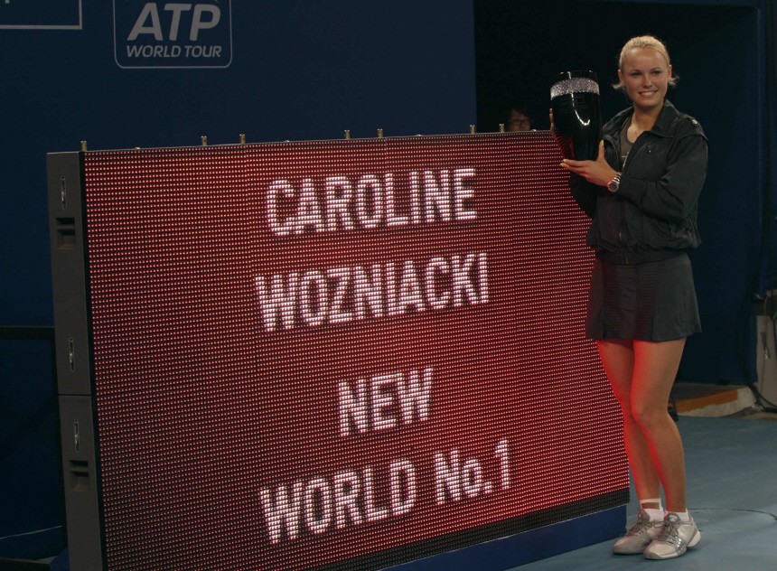 Wozniacki of Denmark posses with the women's world number one trophy after defeating Kvitova of the Czech Republic at the China Open tennis tournament in Beijing