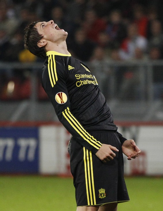 Liverpool's Fernando Torres reacts after he failed to score during the Europa League group K soccer match against Utrecht at Galgenwaard stadium in Utrecht