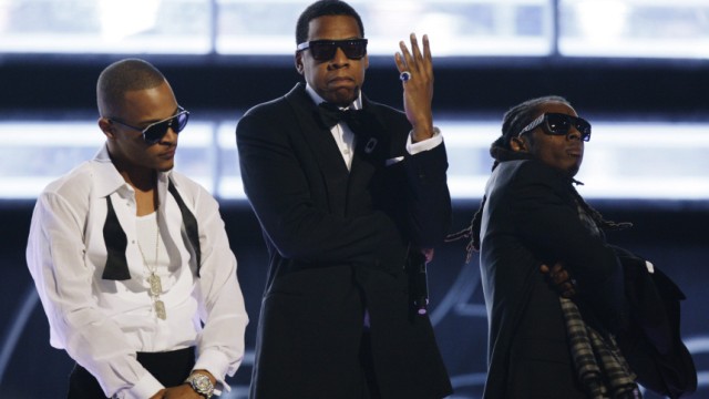 Hip Hop aritists (L-R) T.I., Jay-Z,  and Lil Wayne perform at the 51st annual Grammy Awards in Los Angeles