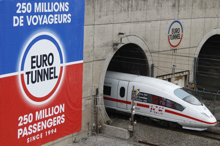 Deutsche Bahn ICE 3 high speed train leaves the Channel Tunnel during the preliminary tests in Coquelles
