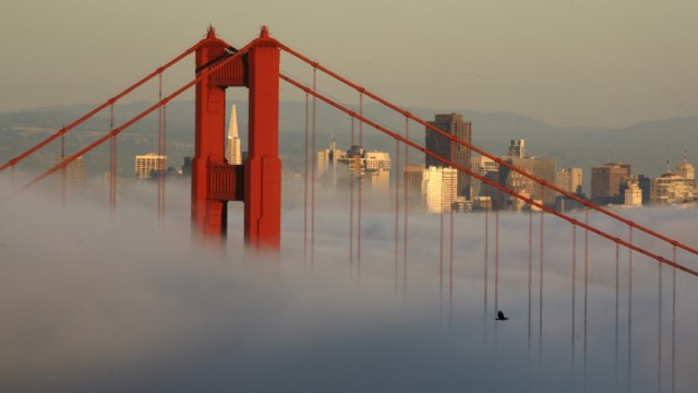 Fog settles on Golden Gate Bridge from Marin Headlands