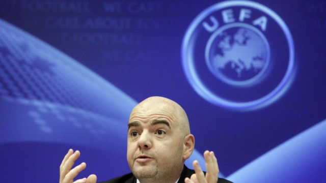Infantino UEFA General Secretary reacts during a news conference after a meeting with nine Football Associations at the UEFA in Nyon