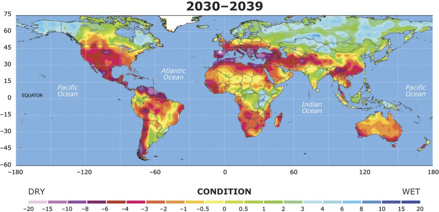 Handout image of a map showing the extent to which drought conditions may increase  between 2030 and 2039, in a study by National Center for Atmospheric Research
