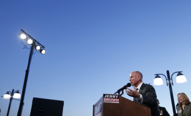 California Democratic gubernatorial candidate Jerry Brown speaks during a campaign rally in Oakland