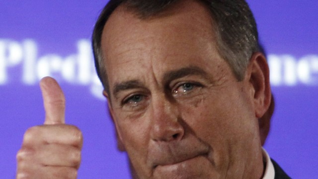 House Minority Leader John Boehner (R-OH), who broke down in tears during his speech, gives a thumbs up at the end of his address to a Republican election night results watch rally in Washington