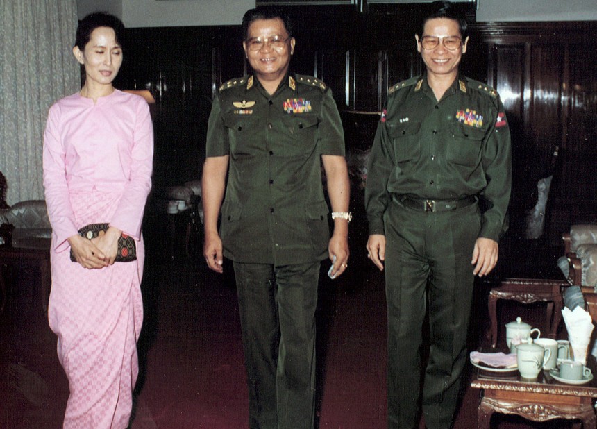 File photo of Aung San Suu Kyi, General Than Shwe and former PM Khin Nyunt in Yangon