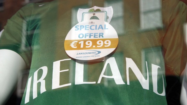 An Irish Rugby jersey is seen for sale in a gift shop on O'Connell Street  in central Dublin
