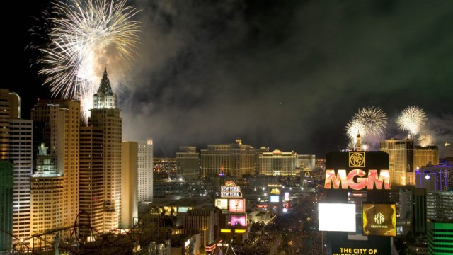 File photo shows fireworks over Las Vegas Strip casinos just after midnight in Las Vegas