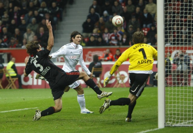 Bayern Munich's Gomez scores a goal against Bayer Leverkusen during the German Bundesliga soccer match in Leverkusen