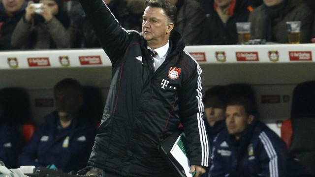 Bayern Munich's van Gaal reacts during the German Bundesliga soccer match against Bayer Leverkusen in Leverkusen