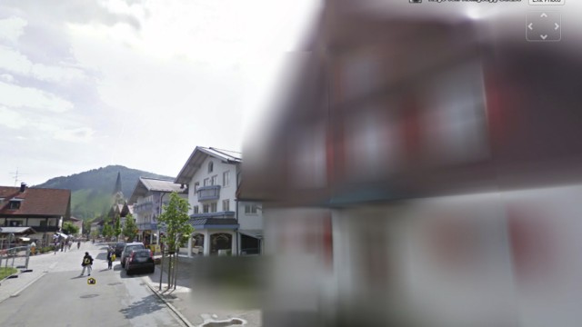 A still image from the web site of Google Street View shows a house made unrecognisable upon demands of its inhabitants in Oberstaufen