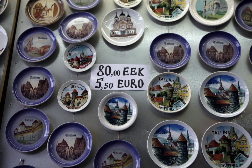 Souvenir prices are displayed in two currencies in a shop in Tallinn