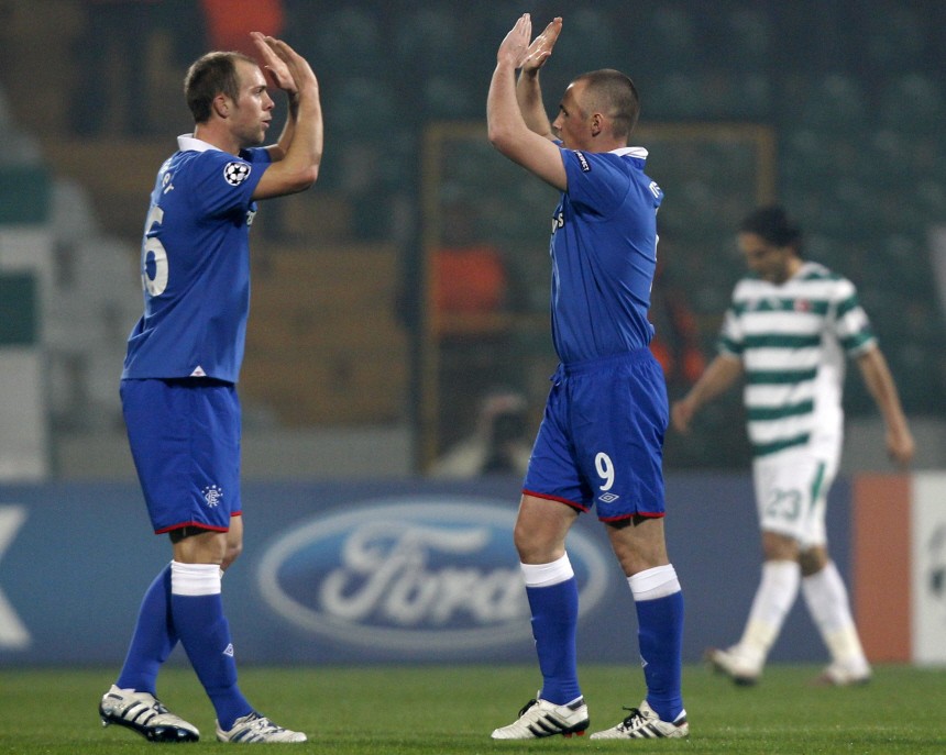 Rangers' Miller celebrates his goal with his teammate Whittaker during their Champions League Group C soccer match against Bursaspor in Bursa