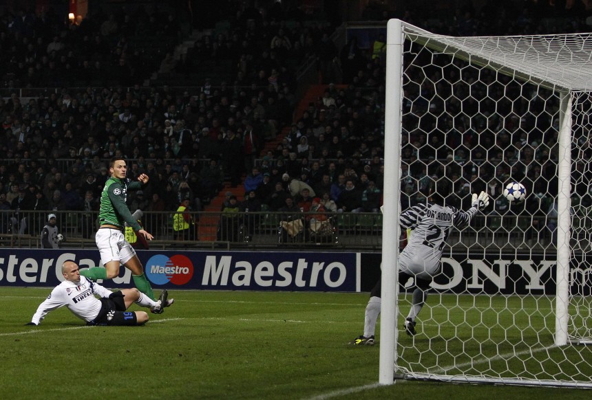 Werder Bremen's Arnautovic scores against Inter Milan's goalkeeper Orlandoni Goran during their Champions League Group A soccer match in Bremen