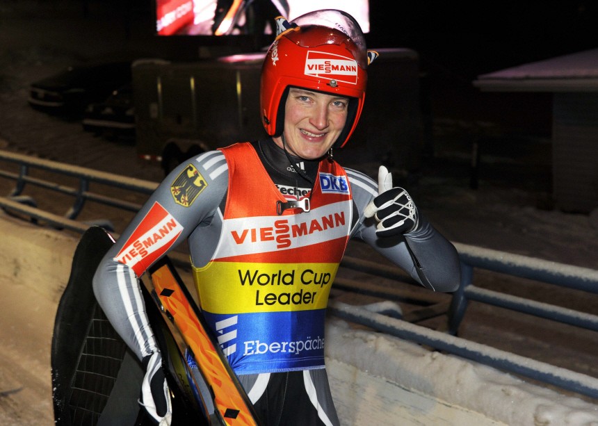 Hufner of Germany celebrates her win after the second run of the women's Luge World Cup in Calgary