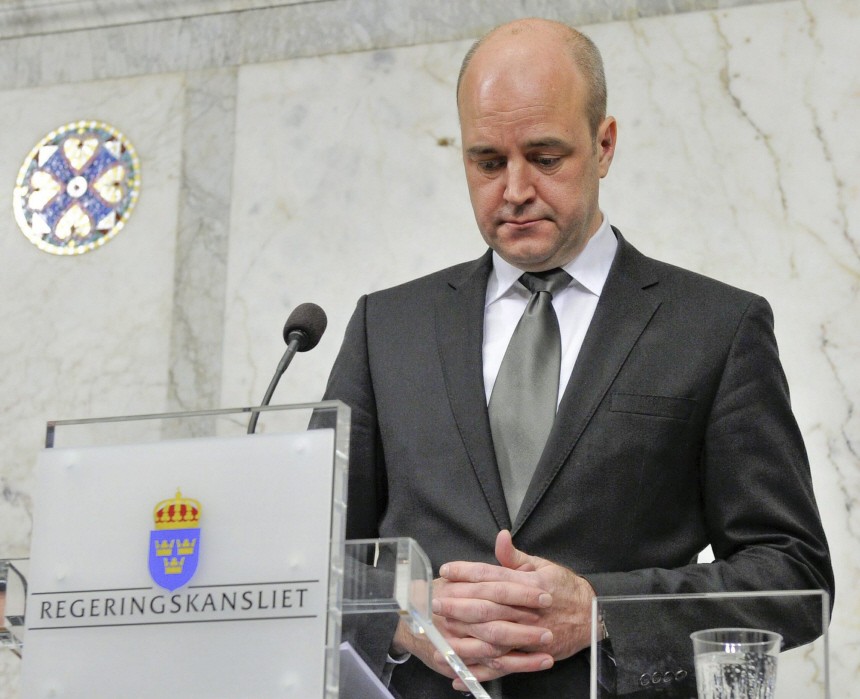 Swedish Prime Minister Fredrik Reinfeldt gives a news conference regarding Saturday's two bomb blasts in Stockholm