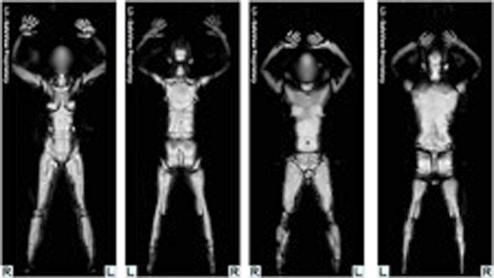 TSA undated handout image shows a composite of 4 separate scans from a whole body scan machine