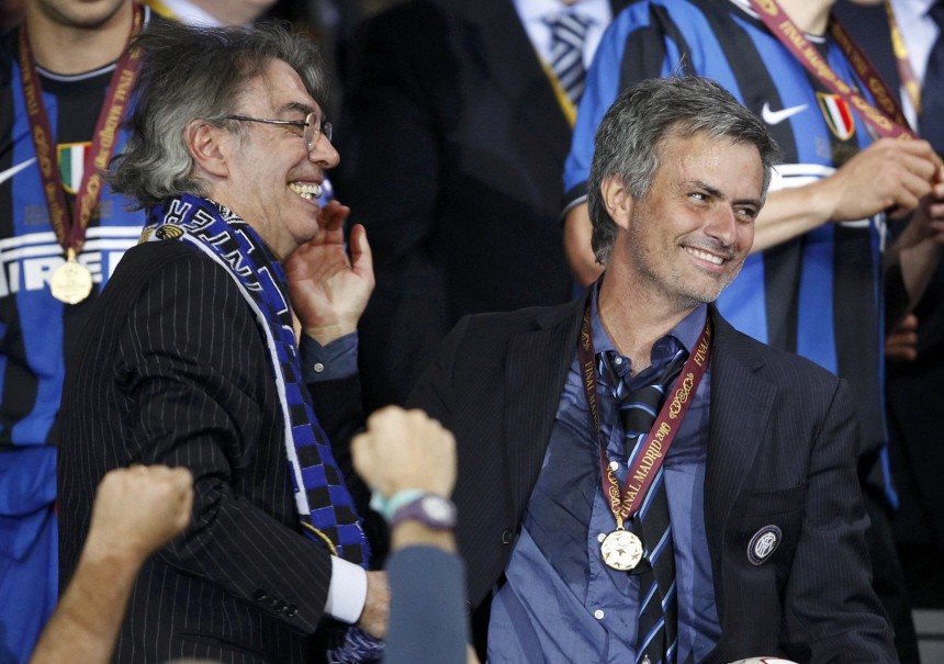 Inter Milan's club president Moratti and manager Mourinho celebrate after their Champions League final soccer match defeat to Bayern Munich in Madrid