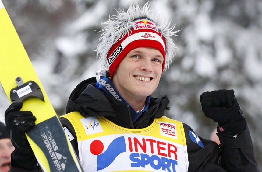 Austria's Morgenstern celebrates after winning the individual large hill ski jumping World Cup in Engelberg