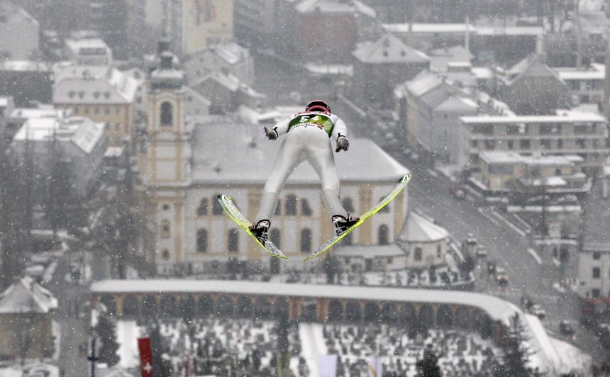 Germany's Freund soars through the air during practice for the third event of the four-hills ski jumping tournament in Innsbruck