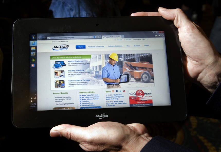 A tablet computer by Motion Computing is displayed during a media preview event for the 2011 International Consumer Electronics Show (CES) in Las Vegas