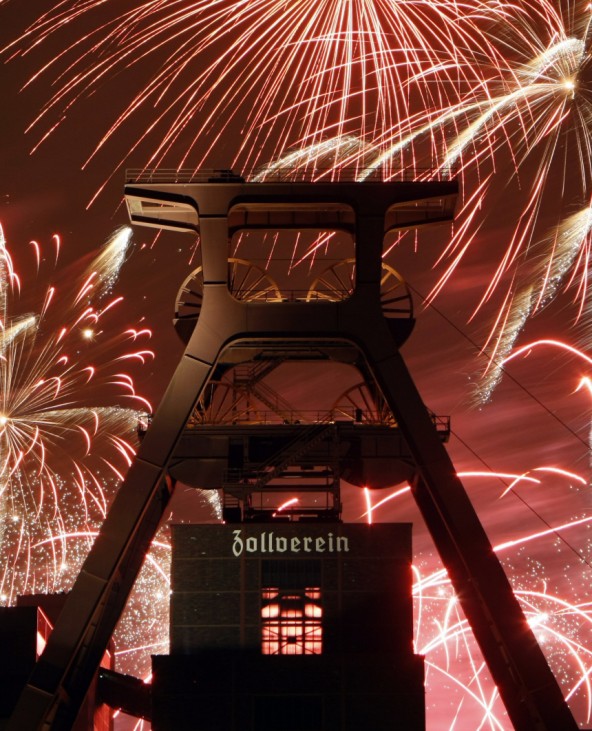 Fireworks are seen at the World Heritage Site 'Zeche Zollverein' in Essen