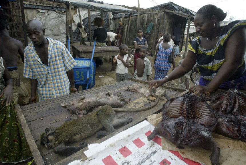 Bush meat sellers work at a market in Yopougon