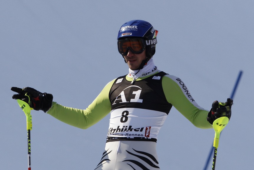 Neureuther of Germany reacts after his run during men's slalom race at Alpine Skiing World Cup in Kitzbuehel