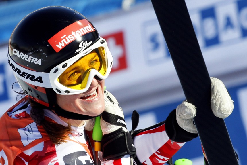 Goergl of Austria smiles after crossing the finish line in the women's Super-G event at the FIS Alpine Skiing World Cup in Cortina D'Ampezzo