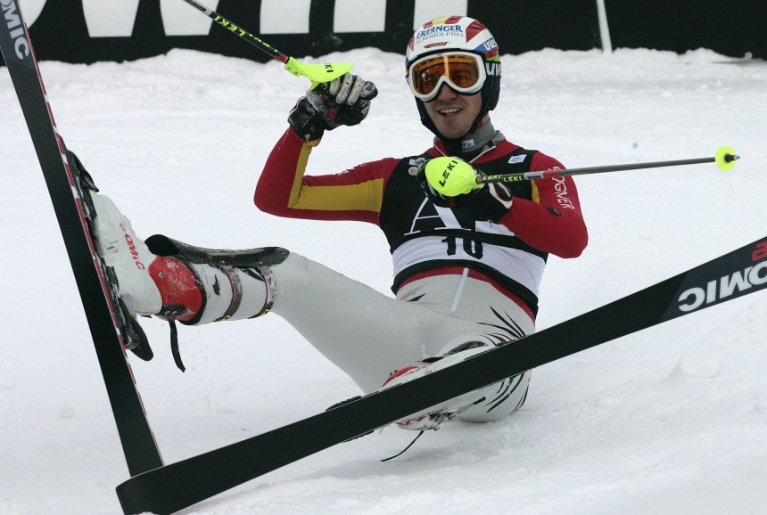 Germany's Neureuther reacts after winning the Alpine Skiing World Cup slalom race on the famous 'Ganslernhang' in Kitzbuehel