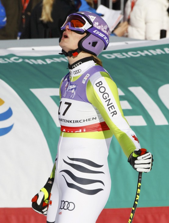 Riesch of Germany reacts after her Super-G race at the Alpine Ski World Championship in Garmisch-Partenkirchen