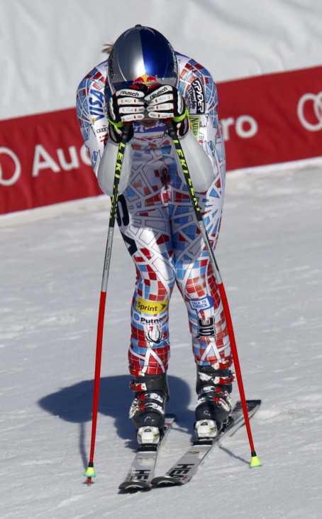 Vonn of the U.S. reacts after competing during the women's super-G race at the Alpine Ski World Championship in Garmisch-Partenkirchen