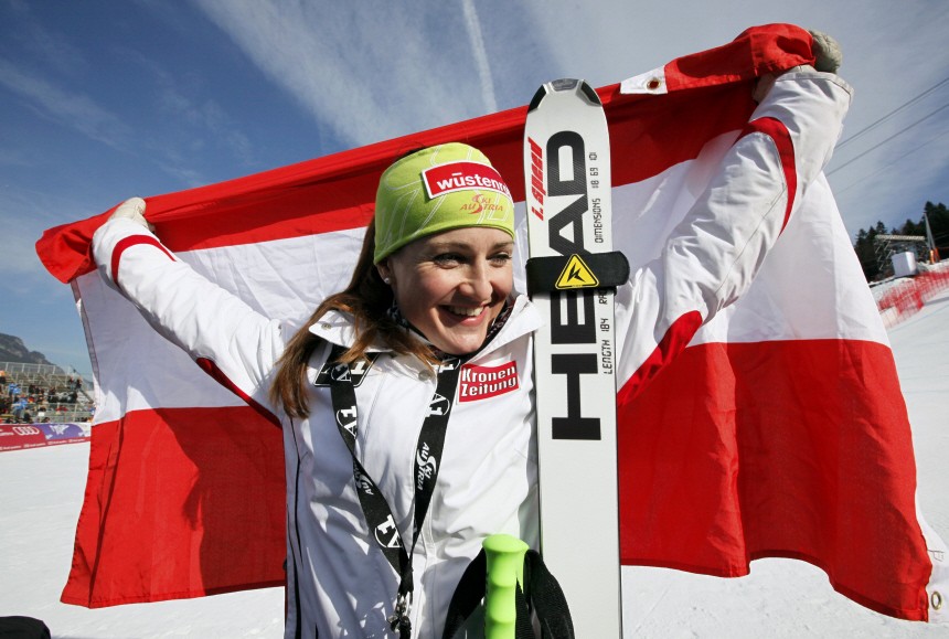 Goergl of Austria celebrates first place during the winner's presentation after the Super-G race at the Alpine Ski World Championship in Garmisch-Partenkirchen