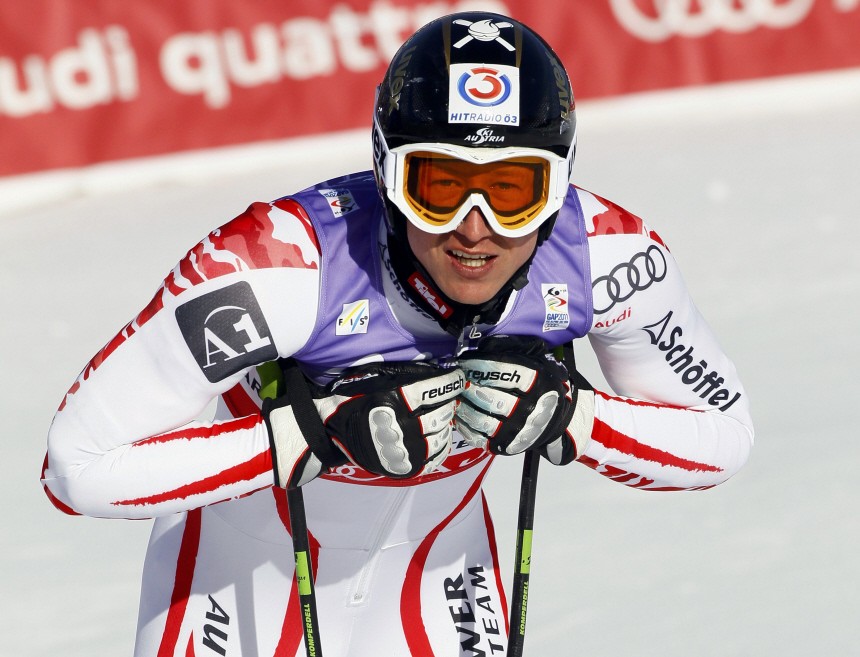 Reichelt of Austria reacts after a practice run during the Alpine Skiing World Championships in Garmisch-Partenkirchen