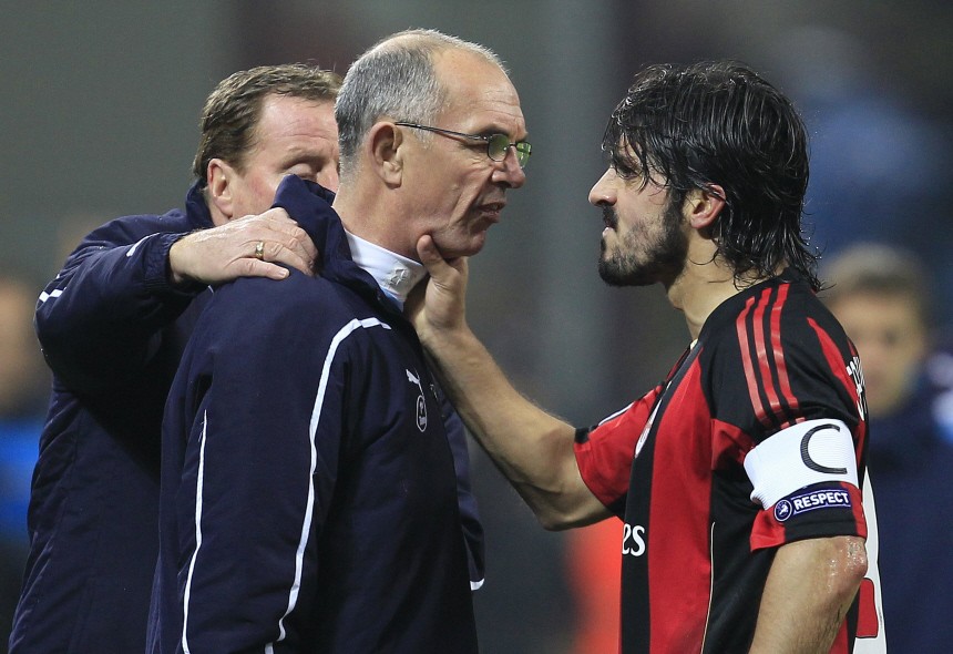 AC Milan's Gattuso argues with Tottenham Hotspur's first team coach Jordan next to manager Redknapp during the Champions League soccer match in Milan