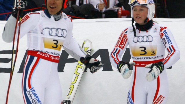 Richard and Worley of France celebrate the gold medal after the team event at the Alpine Skiing World Championships in Garmisch-Partenkirchen