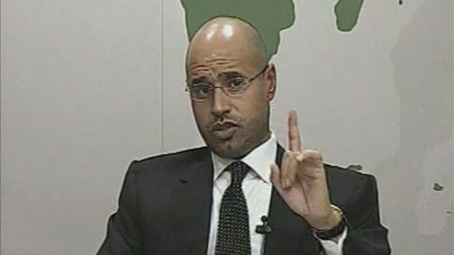 A video grab shows Saif al-Islam, son of Libyan leader Muammar Gaddafi, speaking during an address on state television in Tripoli