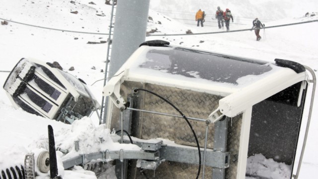 The damaged cabin of a cable car blown up by attackers, is seen near Mount Elbrus in Kabardino-Balkaria in Russia's North Caucasus region