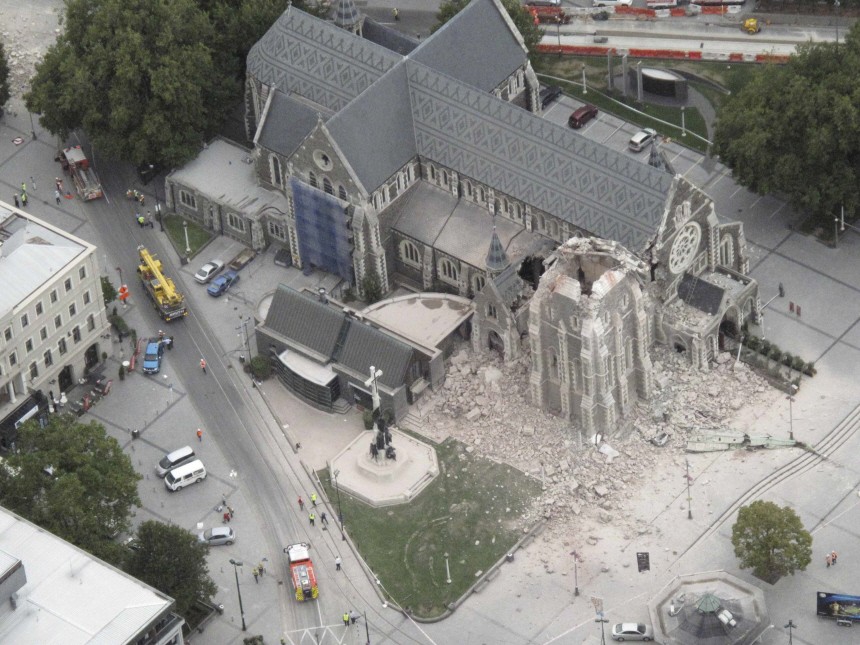A view shows a damaged cathedral after an earthquake in central Christchurch