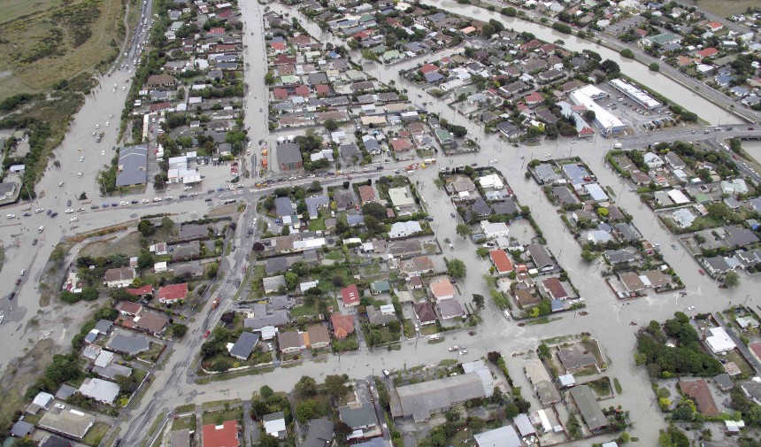 Streets are seen covered with water after an earthquake in Christchurch