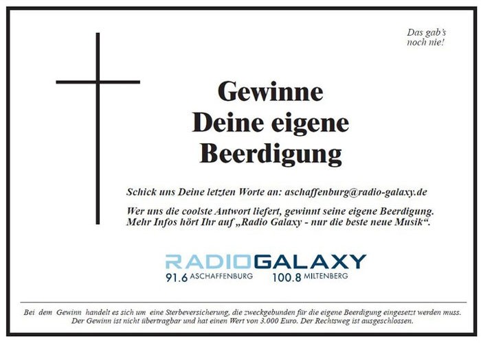 Radio Galaxy, Aschaffenburg, Anzeige für Beerdigungs-Gewinnspiel