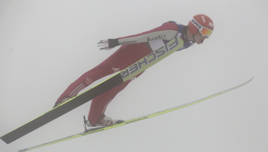 Frenzel of Germany soars through the air during the men's nordic combined normal hill individual competition at the Nordic World Ski Championships in Oslo